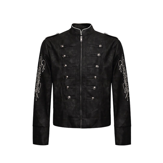 Herren Military-inspirierte Lederjacke mit Stehkragen, Zierknopfreihen und bestickten Ärmeln Nord Taschen