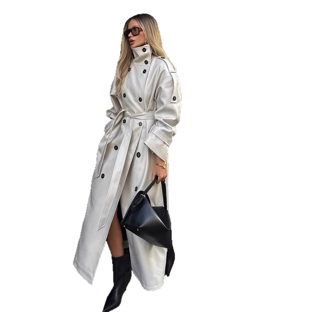 Damen Langer Trenchcoat mit hohem Stehkragen, doppelreihiger Knopfleiste und weiten Manschetten Nord Taschen