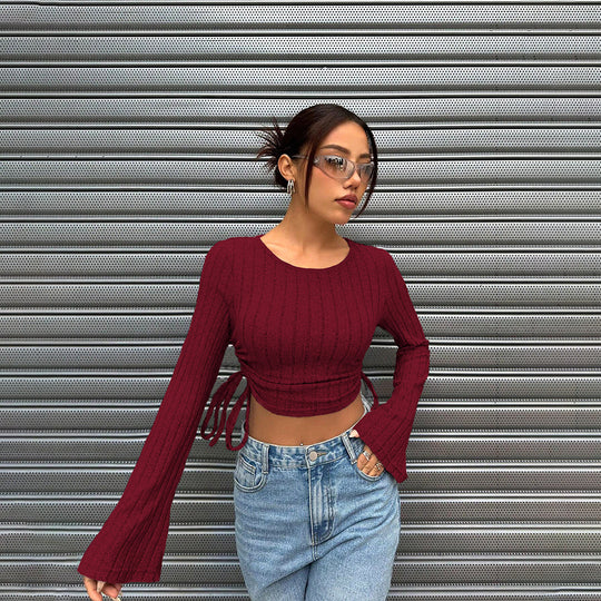 Damen geripptes Cropped-Longsleeve mit seitlicher Tunnelzugraffung, ausgestellten Ärmeln und figurbetonter Passform Nord Taschen