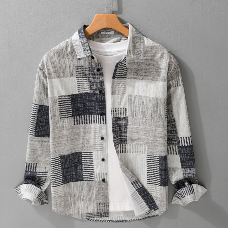 Herren Gemustertes Langarm-Hemd im Patchwork-Look aus leichtem Baumwollmix Relaxed Fit Nord Taschen