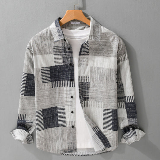 Herren Gemustertes Langarm-Hemd im Patchwork-Look aus leichtem Baumwollmix Relaxed Fit Nord Taschen