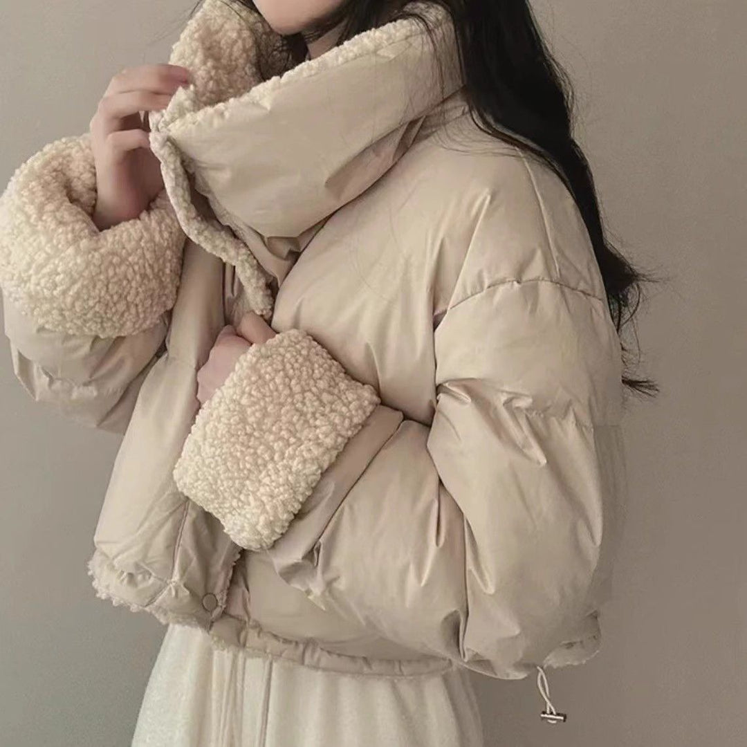 Damen nan kurze gesteppte Pufferjacke mit Teddykragen, krempelbaren Ärmeln und Tunnelzugsaum Nord Taschen