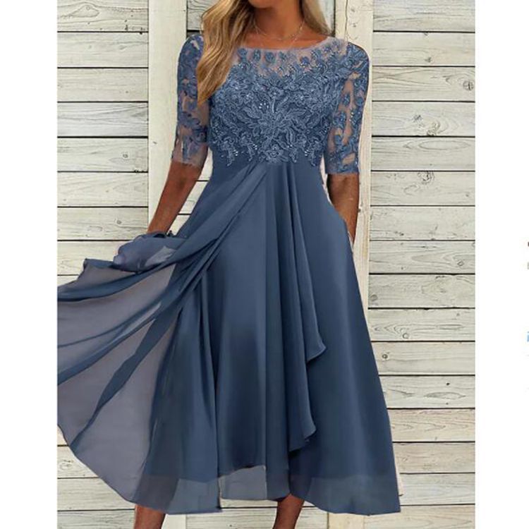 Damen nan elegantes Chiffon-Spitzenkleid mit Vokuhila-Überwurf und dreiviertelärmeln Arvani