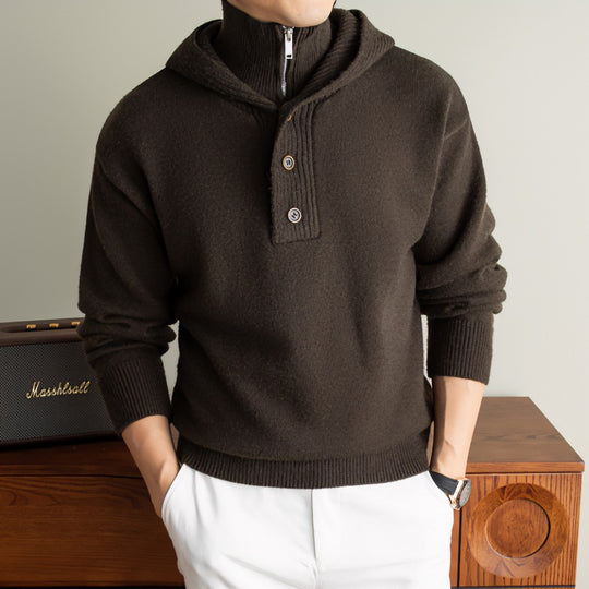 Herren Feinstrick-Kapuzenpullover mit halbem Reißverschluss und Knopfblende Nord Taschen