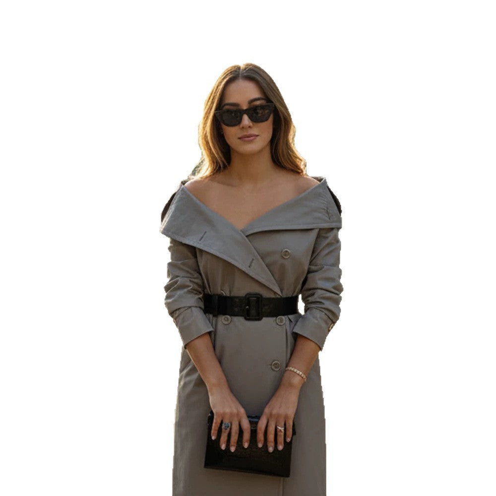 Damen Off-Shoulder Trenchkleid mit doppelreihiger Knopfleiste und tailliertem Lackgürtel Nord Taschen