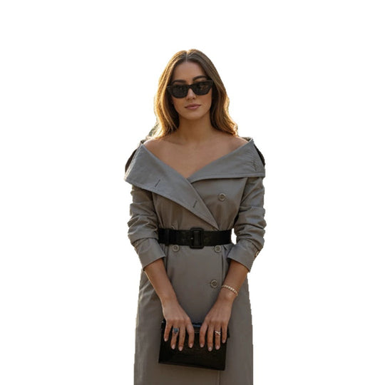Damen Off-Shoulder Trenchkleid mit doppelreihiger Knopfleiste und tailliertem Lackgürtel Nord Taschen