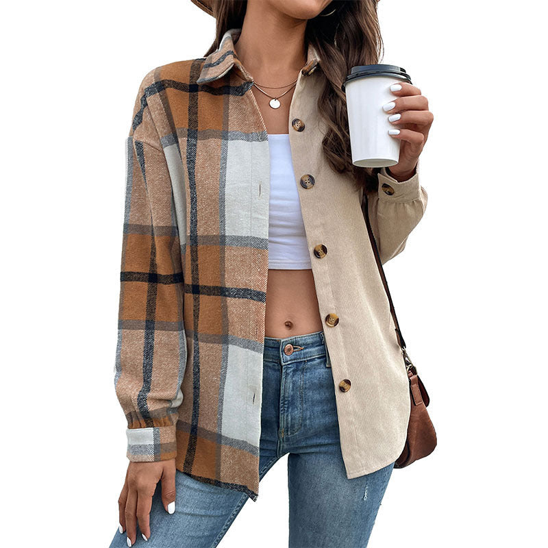 Damen Hemdjacke im zweifarbigen Karo‑ und Cord‑Mix mit Oversize‑Schnitt Nord Taschen
