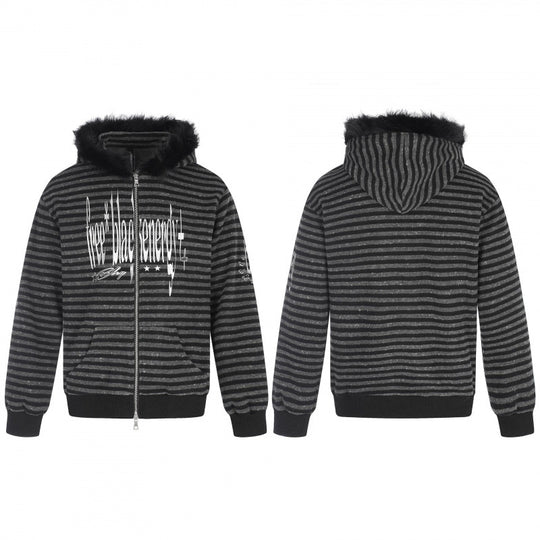 Unisex Gestreifte Kapuzen-Zipjacke mit Kunstfellkapuze und Statement-Frontprint Nord Taschen
