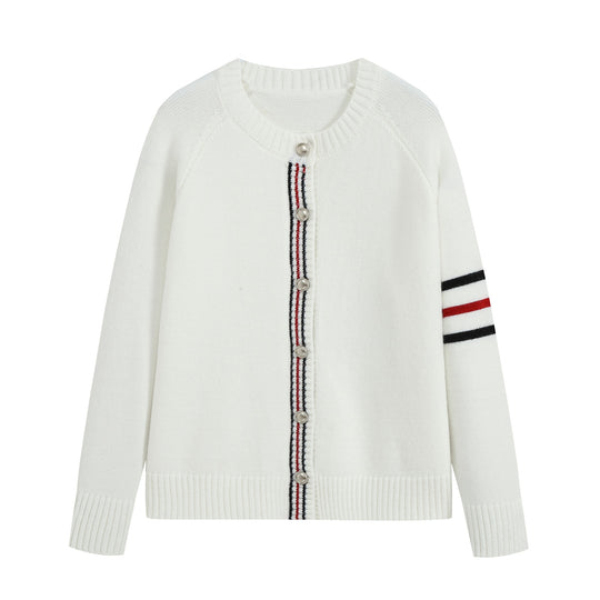 Damen Lässiger Rippstrick‑Cardigan mit Goldknöpfen und sportiven Ärmelstreifen Nord Taschen