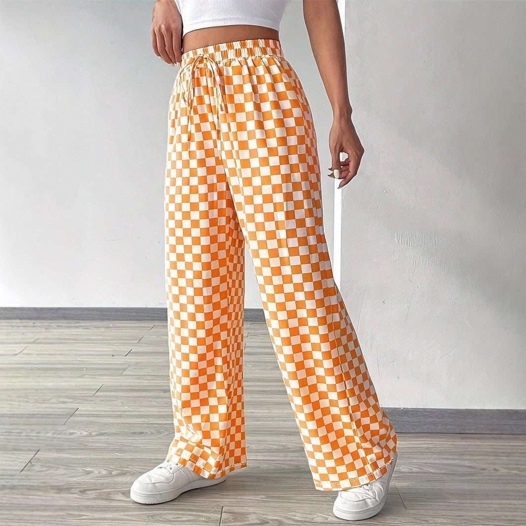 Damen Weite Freizeithose mit kariertem Muster und elastischem Bund