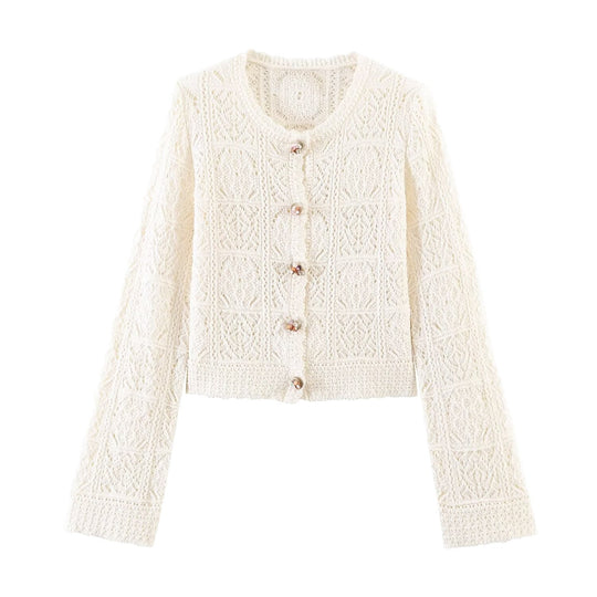 Damen Häkelstrick-Cardigan mit Rundhals, filigranem Lochmuster und Zierknöpfen Nord Taschen