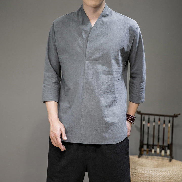 Herren modern geschnittene Kimono-Hemdjacke mit V-Kragen und 3/4-Ärmeln Nord Taschen