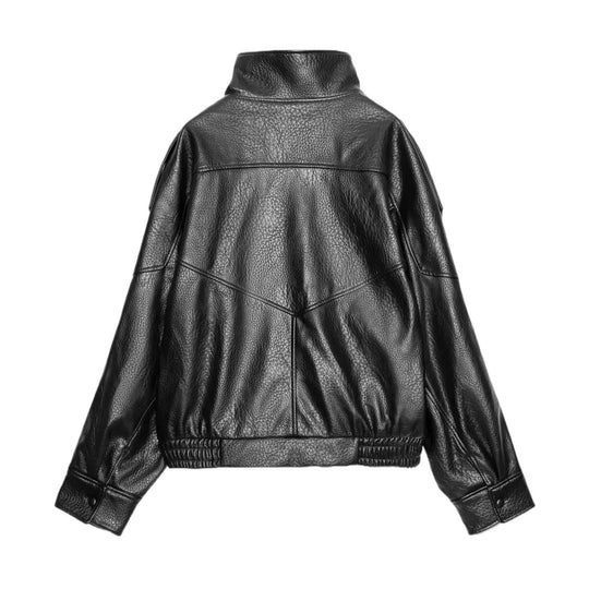 Damen Lederjacke mit hohem Stehkragen und asymmetrischer Druckknopfleiste Nord Taschen
