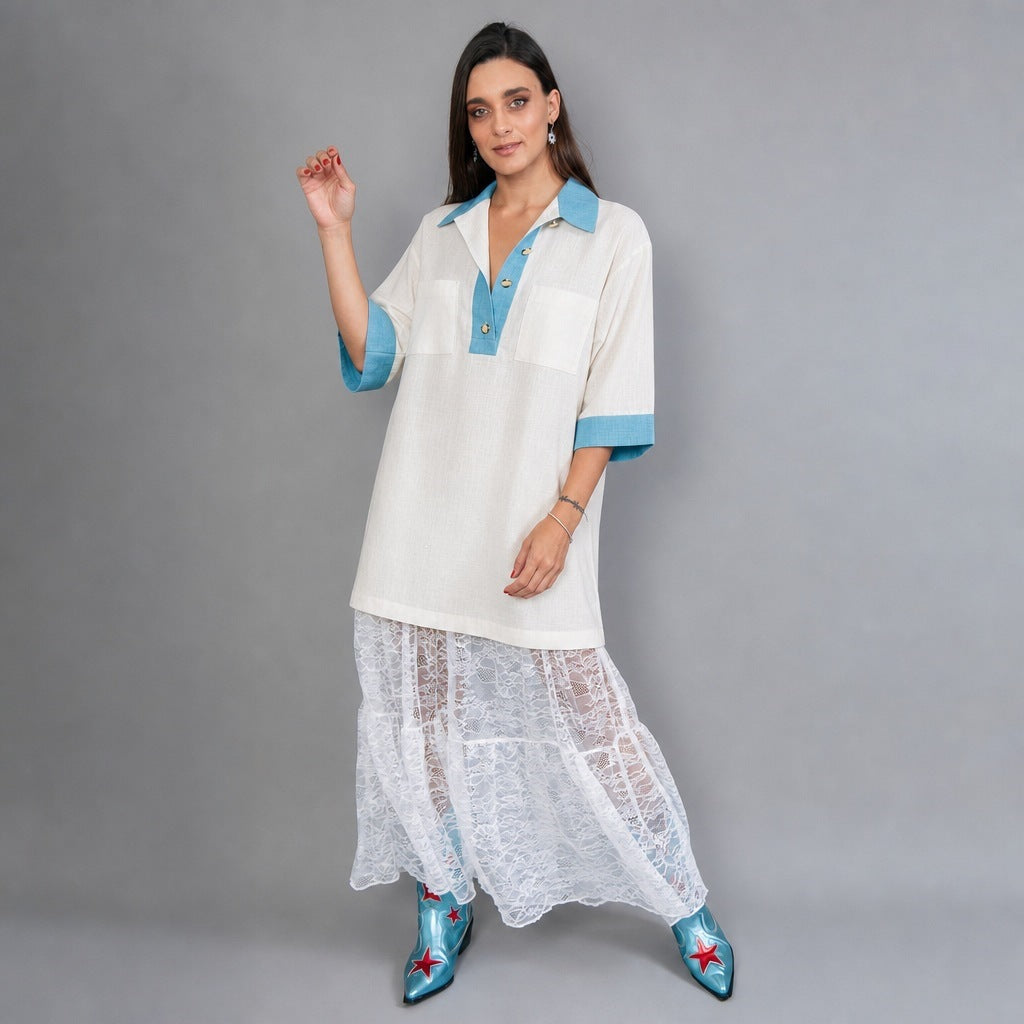 Damen oversized Polo-Tunika mit Kontrastkragen und aufgesetzten Brusttaschen Nord Taschen