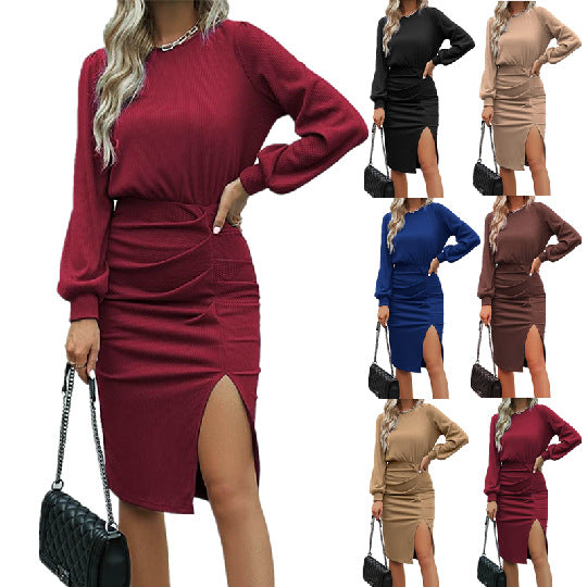 Damen Midikleid mit tailliertem Wickeleffekt, Langarm und hohem Beinschlitz Nord Taschen