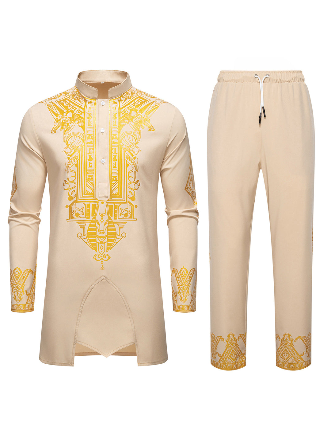 Herren Langes Tunika-Set mit Stehkragen, ägyptischer Goldprint und elastischer Joggerhose Nord Taschen