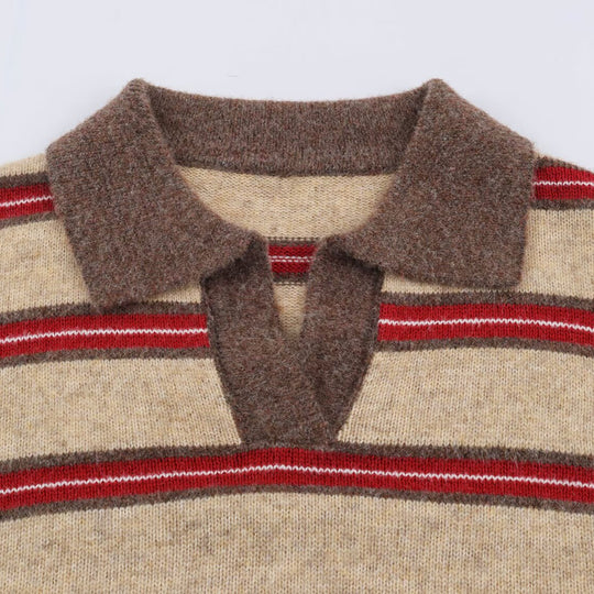 Damen Gestreifter Oversize-Pullover mit Polokragen und V-Ausschnitt Nord Taschen