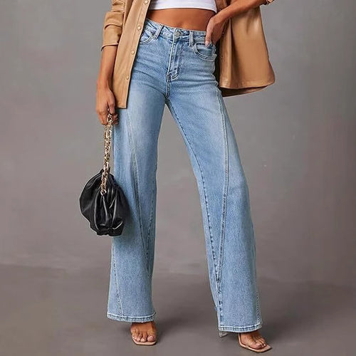 Damen High-Waist Wide-Leg Jeans mit dekorativer V-Naht Nord Taschen