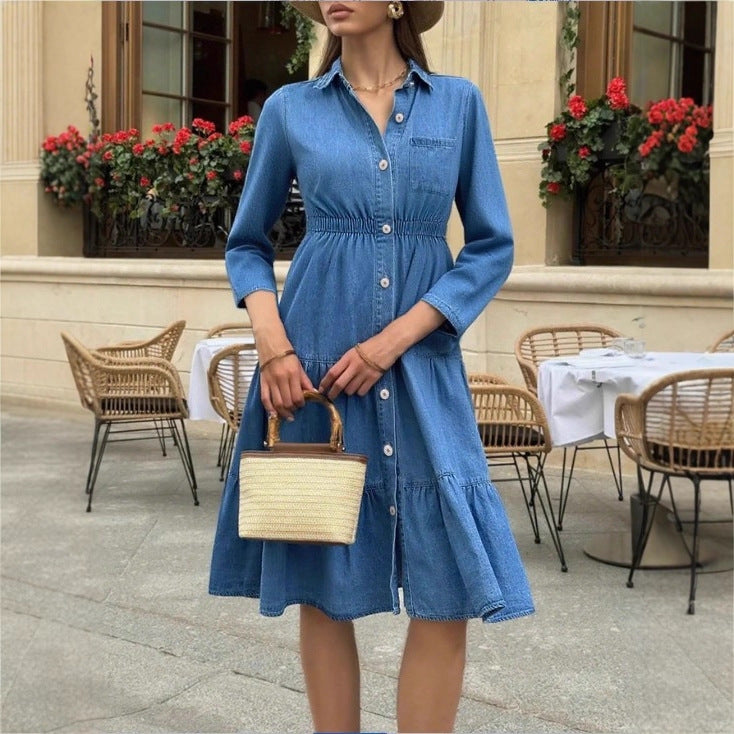Damen Hemdblusenkleid aus Denim mit taillenbetonendem Gummizug, Knopfleiste & Stufenrock Nord Taschen