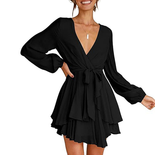 Damen gerafftes Wickelkleid mit tiefem V-Ausschnitt stufigem Volantrock und Bindegürtel Nord Taschen