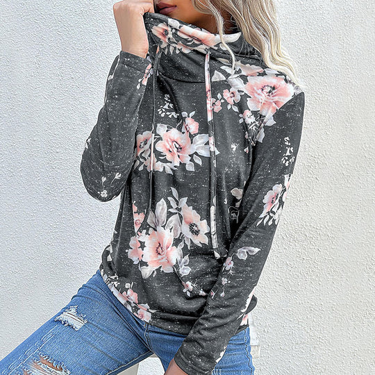 Damen Schlauchkragen-Sweatshirt mit floralem Alloverprint und Kordelzug Nord Taschen