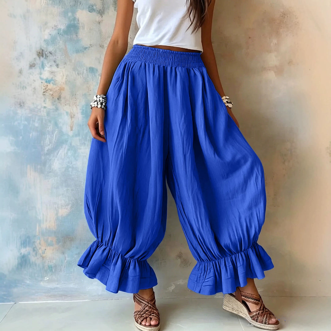 Damen Weite Haremhose mit Rüschenbündchen und Smok‑Taillenbund Nord Taschen