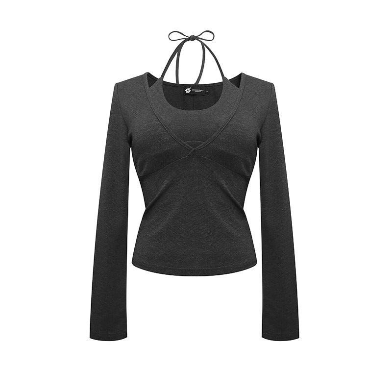 Damen Langarm-Top mit Neckholder, Wickeloptik und figurbetontem Schnitt Nord Taschen