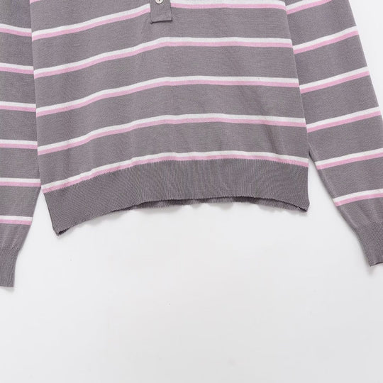 Damen Gestreifter Feinstrick-Polo-Pullover mit Knopfleiste und Rippbündchen Nord Taschen