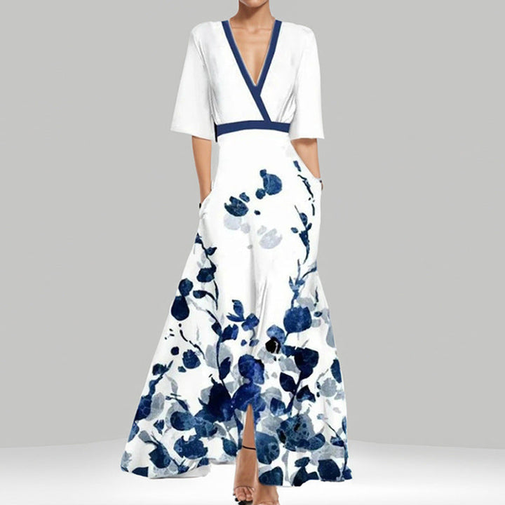 Elegantes V-Ausschnitt Bedrucktes Taillenkleid mit Schößchen