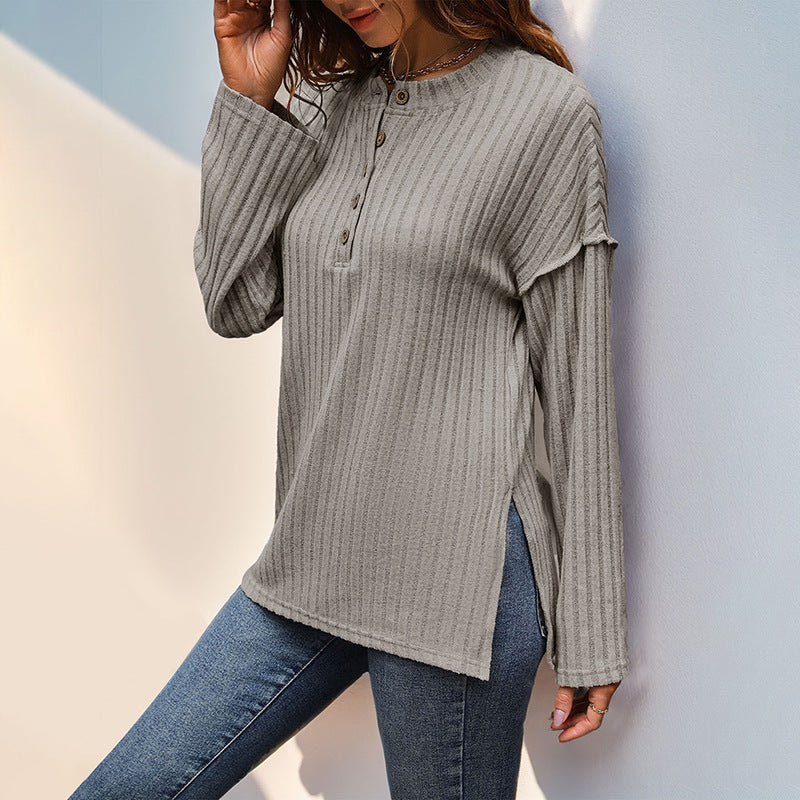 Damen Gerippter Henley-Pullover mit Knopfleiste und überschnittener Schulter Nord Taschen