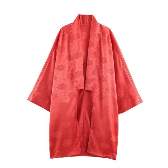 Damen hochtaillierte Satinhose mit Jacquard‑Blütenmuster und Federfransen Nord Taschen