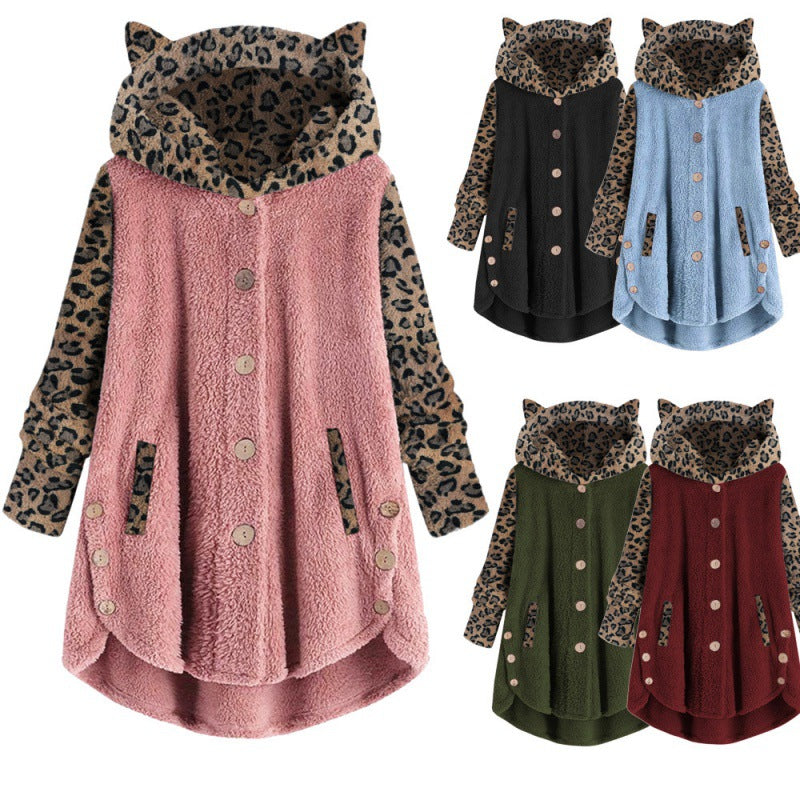 Damen Teddy‑Mantel mit Kapuze Knopfleiste und kontrastierenden Leopardenärmeln Nord Taschen