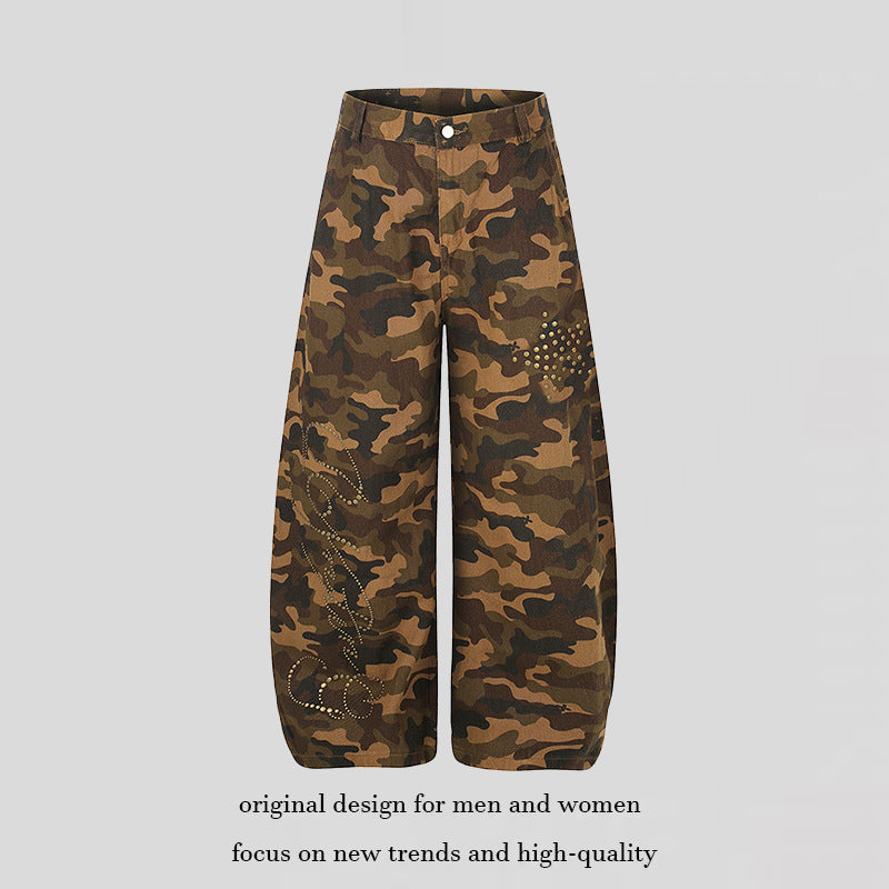 Damen Weite Camouflage-Palazzo-Hose mit Balloon-Saum und Nietenbesatz Nord Taschen