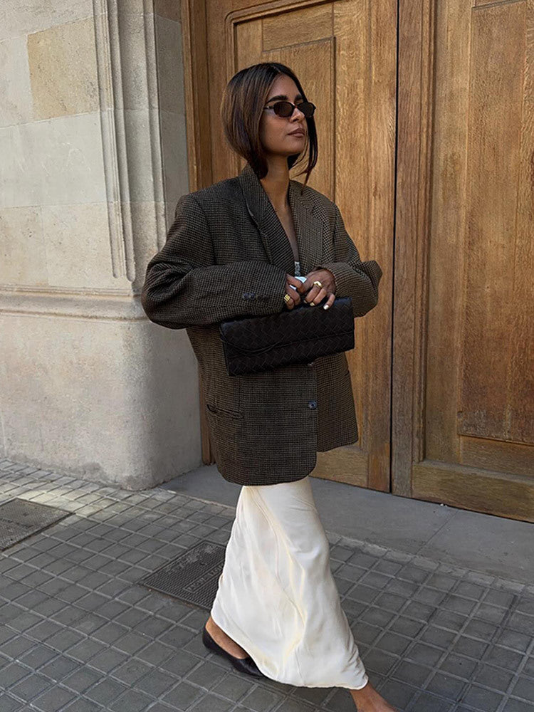 Damen Oversize Glencheck-Longblazer mit kastiger Silhouette und strukturierter Schulter Nord Taschen