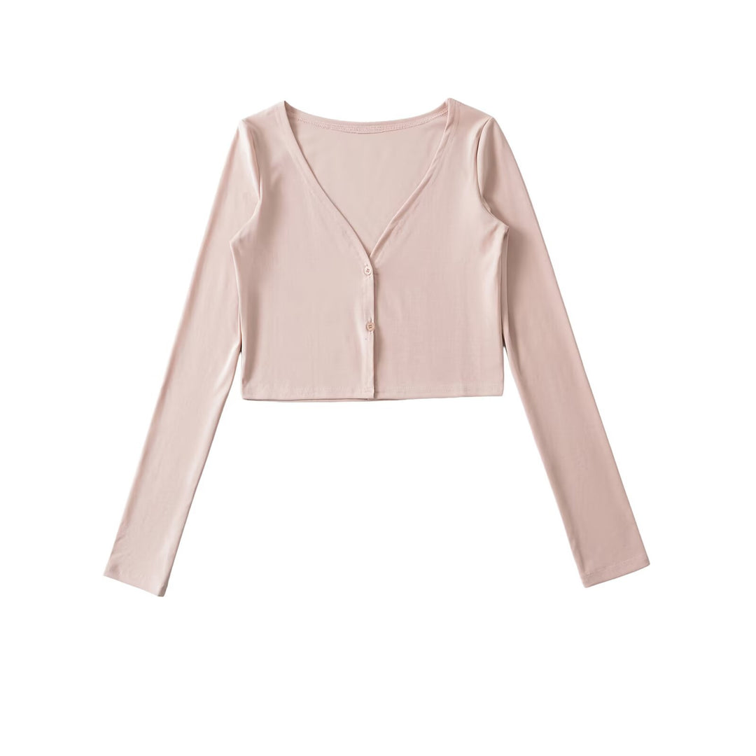 Damen Cropped Jersey-Cardigan mit tiefem V-Ausschnitt und schmaler Knopfleiste Nord Taschen