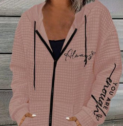 Damen nan oversized Kapuzenjacke mit Reißverschluss, handgeschriNord Taschenener Typo-Applikation und Kontrast-Eingrifftaschen