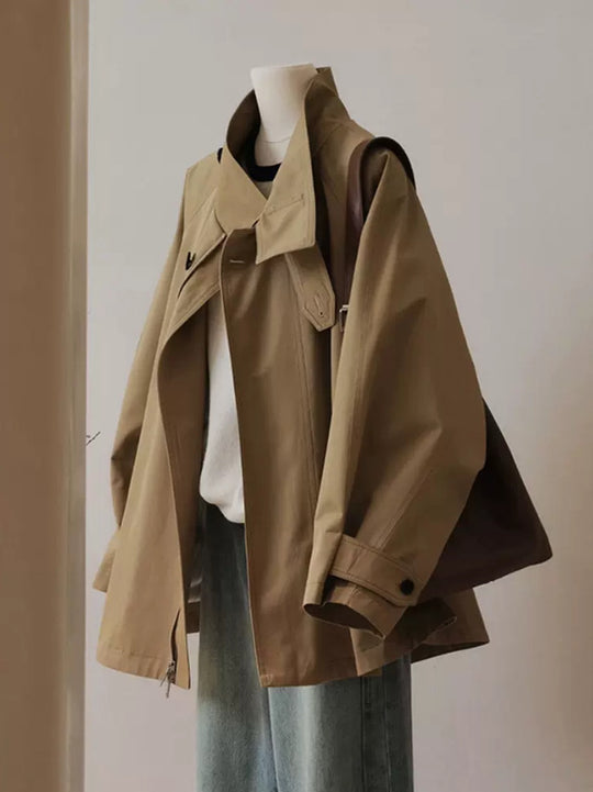 Damen Trench-inspirierte Kurzjacke mit Oversize-Silhouette, Stehkragen und verdecktem Reißverschluss Nord Taschen