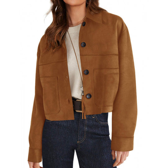 Damen kurze Wildleder-Optik Jacke mit aufgesetzten Taschen und Hemdkragen Nord Taschen