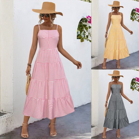 Damen Maxikleid im karierten Design mit Taillenakzent und Rüschensaum