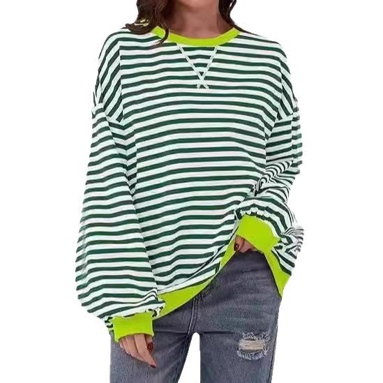 Damen Gestreifter Oversize Pullover mit Kontrastbündchen Nord Taschen