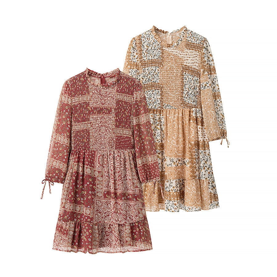 Damen Patchwork-Rüschen-Minikleid mit Smock-Bustier und Volantstufen Nord Taschen