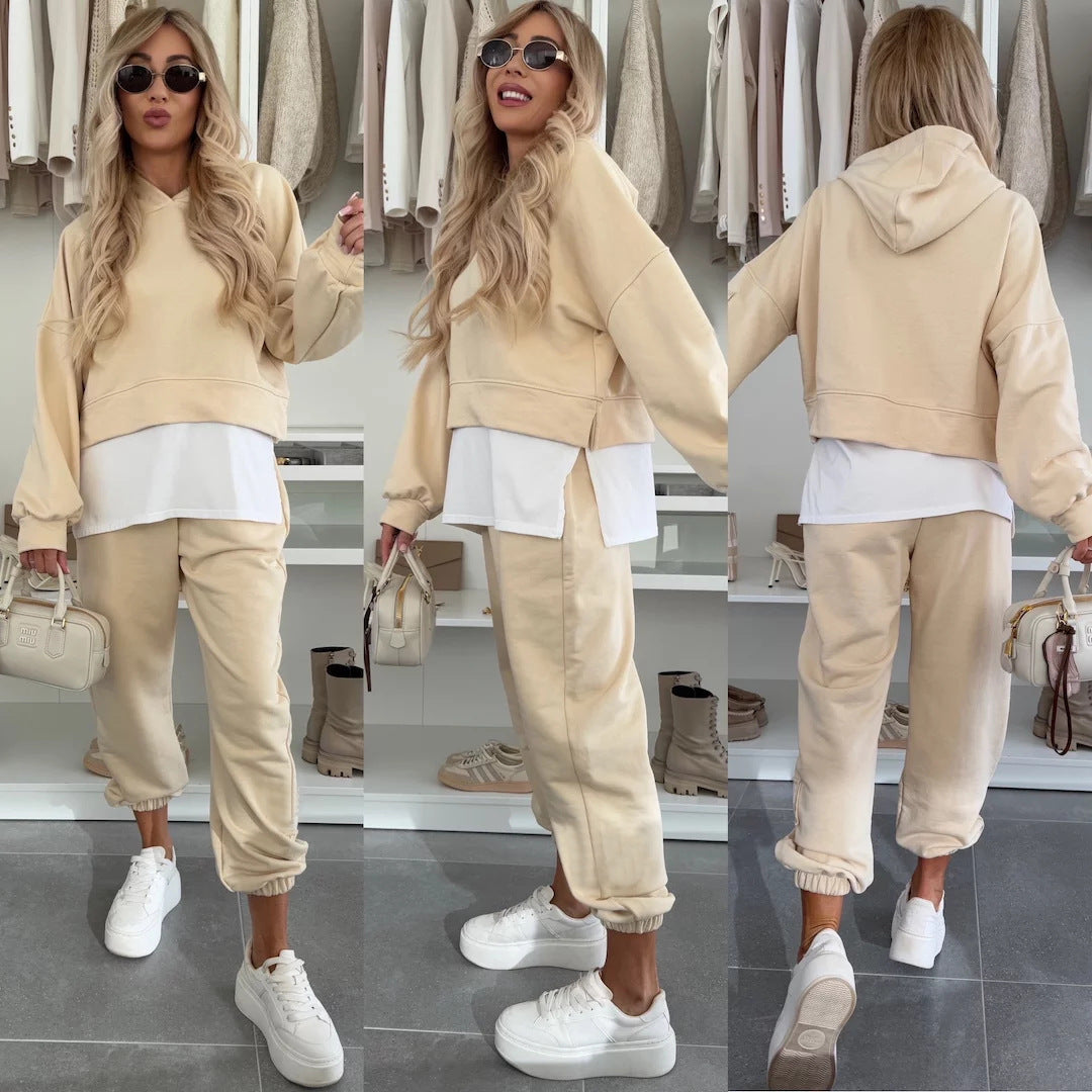 Damen Cropped-Hoodie-Lounge-Set mit asymmetrischem Saum, voluminösen Raglanärmeln und gekrempelter Jogginghose Nord Taschen