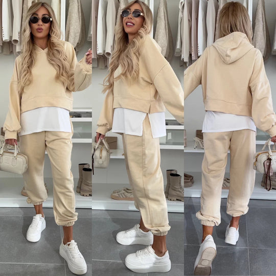 Damen Cropped-Hoodie-Lounge-Set mit asymmetrischem Saum, voluminösen Raglanärmeln und gekrempelter Jogginghose Nord Taschen