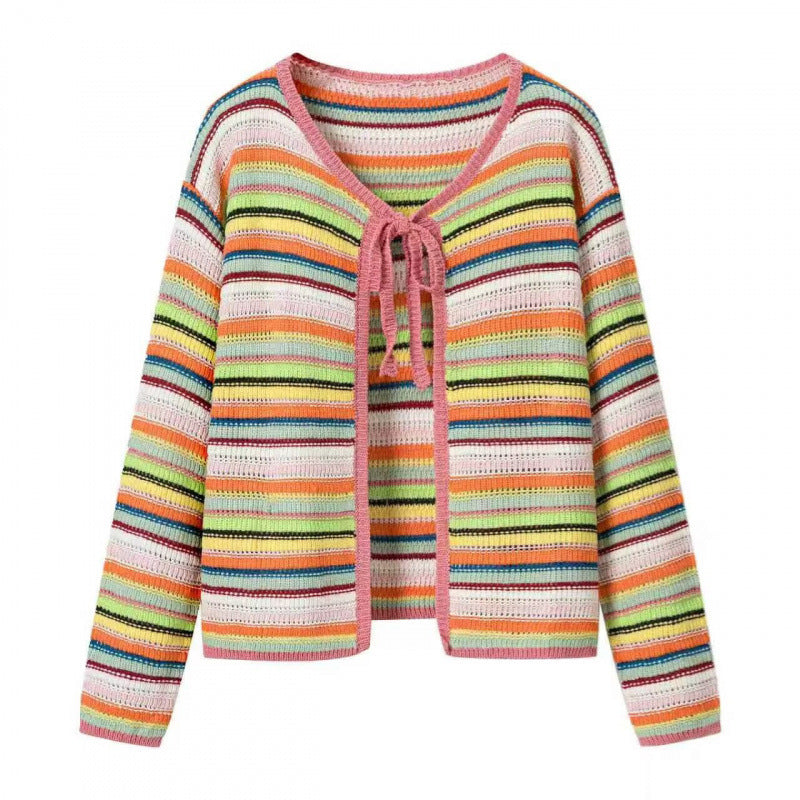 Damen Bunte Cropped Ajourstrick‑Cardigan mit Bindeband und geripptem Saum Nord Taschen