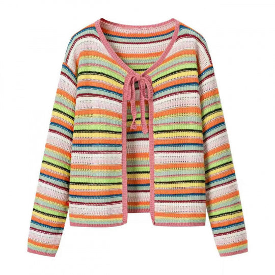 Damen Bunte Cropped Ajourstrick‑Cardigan mit Bindeband und geripptem Saum Nord Taschen
