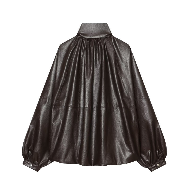Damen Glänzender Cropped Blouson aus Kunstleder mit hohem Stehkragen und voluminösen Ballonärmeln Nord Taschen