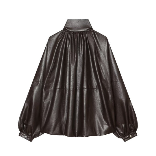 Damen Glänzender Cropped Blouson aus Kunstleder mit hohem Stehkragen und voluminösen Ballonärmeln Nord Taschen