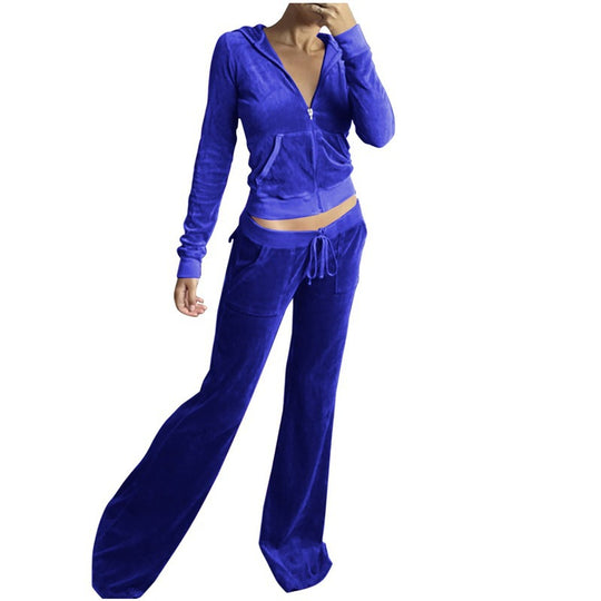 Damen Samtvelours Cropped-Zipjacke mit Kängurutasche und hochgeschnittener Bündchenhose Nord Taschen