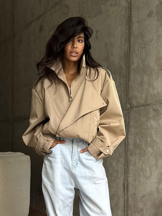 Damen Kurzjacke im Oversize-Look mit weitem Revers und Tunnelzug-Taillierung Nord Taschen