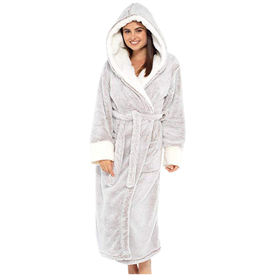 Damen Kuscheliger Fleece-Morgenmantel mit Kapuze und Gürtel Nord Taschen
